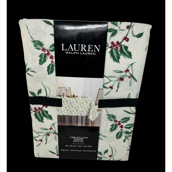 NEW Lauren Ralph Lauren Christmas Tablecloth 60x84 Rectangle Holly Berry Green R - Picture 1 of 5